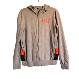EA7 Emporio Armani Grey Zip-Up Hoodie Neon Orange Logo Sportswear Blokecore